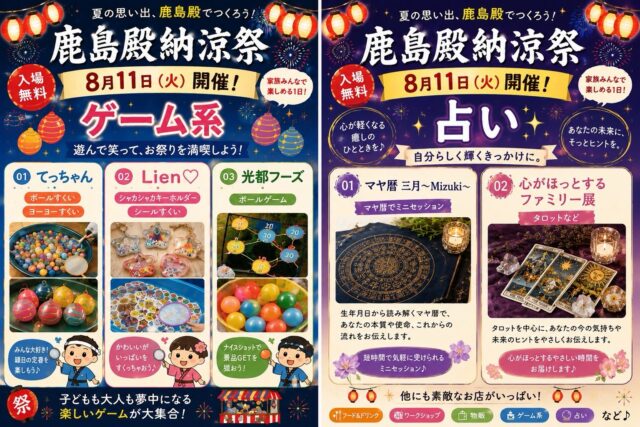 本日は、ゲーム系と占いの出店者さんの紹介です！

遊んで、占って、楽しめる要素盛りだくさん✨

明日は、ビンゴの景品紹介もしますよ〜🎁